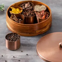 Nestroots Solid Steel & Wood Copper Masala Dani Spice Box Rack Containers Organizer box with 7 Jar-47