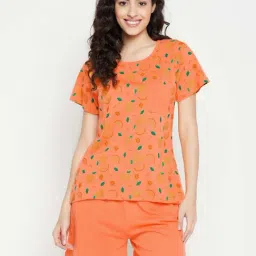 Clovia Orange Printed Cotton T-Shirt With Shorts-picture-21