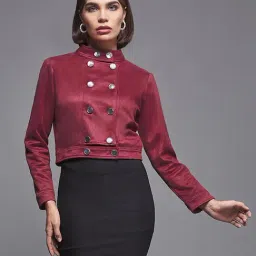 Miss Chase Maroon Relaxed Fit Double Breasted Cropped Jacket-image-27