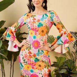 Bell Sleeve printed mini Dress in Multi Color Floral Print-image-27