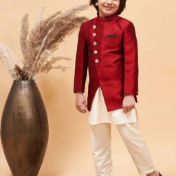 VASTRAMAY Boys Maroon & Cream Solid Full Sleeves Indowestern Sets-picture-25