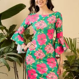 Bell Sleeve printed mini Dress in Green & Pink Flower Print-image-24