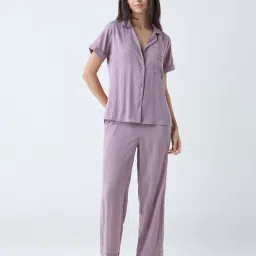 Wunderlove by Westside Mauve Self-Striped Satin Shirt and Pyjama Set-image-12