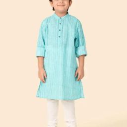 Fabindia Boys Teal Cotton Striped Full Sleeves Kurta-image-76