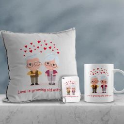 eCraftIndia Multicolor Ceramic Old Couple Hearts Print Cushion & Mug With Keychain Gift Set-17