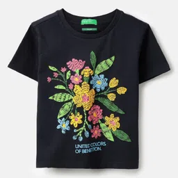 United Colors of Benetton Girls Floral Printed Round Neck Pure Cotton Boxy T-shirt-picture-9