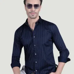 ALMATY Alvar Navy Blue Cotton Striped Shirt-picture-49