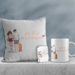 eCraftIndia Multicolor Ceramic Girl & Boy With Travel Bag Print Cushion & Mug With Keychain Gift Set-0