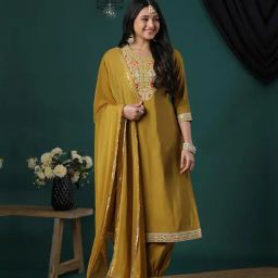 Globus Mustard Embroidered Kurta With Pants & Dupatta-image-3