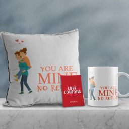eCraftIndia Multicolor Ceramic Girl On Boys Back Print Cushion & Mug With Love Coupons Gift Set-46
