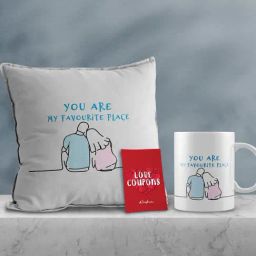 eCraftIndia Multicolor Ceramic Girl Laying Head On Boy Print Cushion & Mug With Love Coupon Gift Set-27