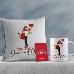 eCraftIndia Multicolor Ceramic Boy Holding Girl Up Print Cushion & Mug With Love Coupons Gift Set-32