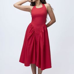 COLOR CAPITAL Women Tie-Up Neck Fit & Flare Midi Dress-image-1