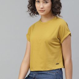 The Roadster Lifestyle Co Women Mustard Yellow Solid Round Neck Pure Cotton T-shirt-image-30