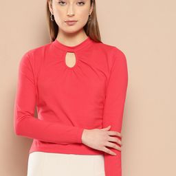 Chemistry Women Solid High Neck Cut Outs Full Sleeves T-shirt-image-92
