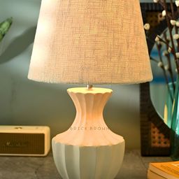 BRICK BROWN Beige Textured Wood Contemporary Frusturical Shaped Table Lamp with Bulb-27