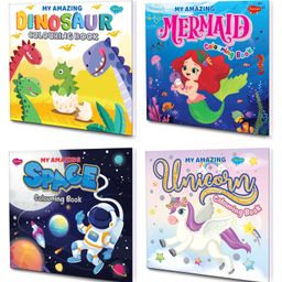 Sawan Presents Set Of 4 My Amazing Colouring Books of Dinosaur Space Mermaid & Unicorn - English-1