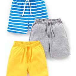 Babyhug Cotton Knit Above Knee Length Solid & Striped Shorts Pack of 3 - Blue Grey & Yellow-image-35