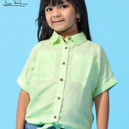 Arias Cotton Linen Half Sleeves Shirt With Front Tie Knot - Light Green-image-39