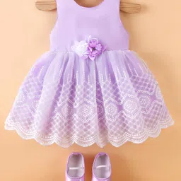 Bluebell Sleeveless Party Frock with Floral Applique & Pair of Booties - Purple-picture-21