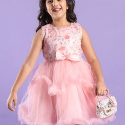 Mark & Mia Sleeveless Party Frock Embroidered with Bow & Floral Applique - Peach-image-85