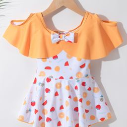 Kookie Kids Half Sleeves Frock Swimsuit Fruit Print - Orange-image-86