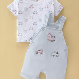 ToffyHouse Cotton Knit DungareewithHalf Sleeves T-Shirt Horse & Car Print - Blue-picture-33
