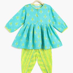 Campana 100% Cotton Full Sleeves Motif Printed Kurta & Striped Dhoti - Turquoise  Blue & Lime Green-image-1