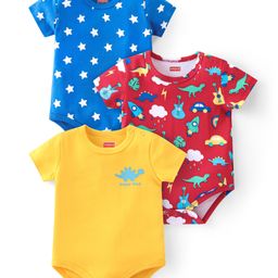 Babyhug 100% Cotton Knit Half Sleeves Onesies with Star & Dino Print Pack of 3 - Blue Yellow & Red-image-68
