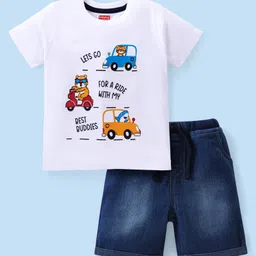 Babyhug Cotton Knit Half Sleeves T-Shirt & Denim Shorts Set With  Animals Print - White & Blue-picture-33
