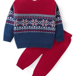 Babyhug Knitted Full Sleeves Pullover Sweater & Pant Set With Floral Design - Red & Navy Blue-image-65