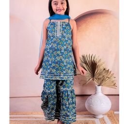 Junitos Pure Cotton Sleeveless Floral Printed Kurta Sharara With Dupatta-Turquoise-image-14