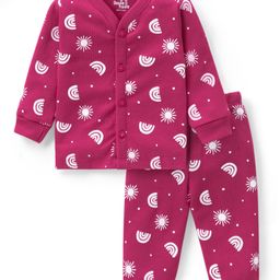 Doodle Poodle Cotton Knit Full Sleeves Front Open Thermal Vest &  Legging Set with Rainbow Print  - Dark Pink-image-72