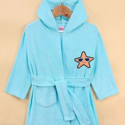 Babyhug Full Sleeves Cotton Knit Hooded Bath Robe  Giraffe Embroidery with Pocket - Blue-image-17
