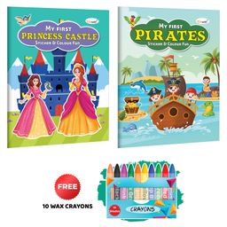 My First Princess Castle and Pirates Sticker and Colour Fun with 10 Wax Crayons : Colouring book for children, Educational Coloring and Sticker Book, Kids Sticker fun | Combo of 2 Colouring Books-16