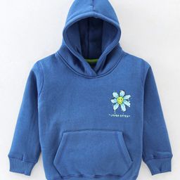 Doreme Fleece Knitted Full Sleeves Hooded Sweatshirt With Floral Print & Kangaroo Pockets - Blue-image-63