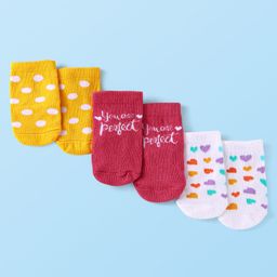 Cute Walk by Babyhug Cotton Knit Anti-Bacterial Ankle Length Polka Dots Text & Heart Designed Socks Pack of 3 - White Yellow & Maroon-image-31