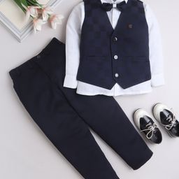 Fourfolds Full Sleeves Solid Shirt & Trouser With CheckedWaistcoat Set - Navy Blue-picture-33