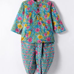 Saka Designs Cotton Woven Full Sleeves Dhoti Kurta Set with Floral Print - Light Blue & Pink-image-88