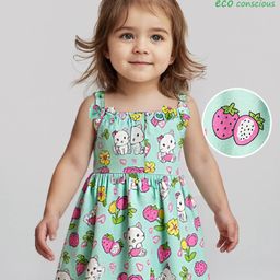 Babyoye Cotton Knit Sleeveless Frock With Cat & Fruit Print - Sea Green-image-70