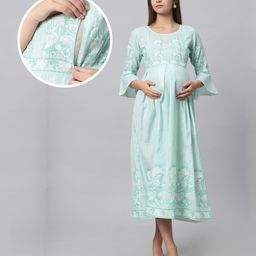 Dummy Shape Three Fourth Bell Sleeves Floral Printed Maternity Flared Kurta With Attached Belt & Concealed Zipper Nursing Access - Sky Blue-picture-19