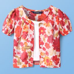 Pine Kids Woven Half Sleeves Top With Floral Print - Red-image-70