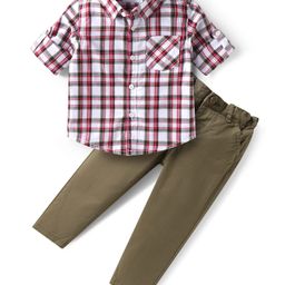 Babyhug Cotton Woven Full Sleeves Checkered Shirt and Trouser Set - Red & Olive-image-48