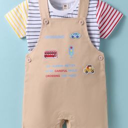 ToffyHouse Cotton Knit Half Sleeves Inner Tee & Dungaree Sets wth Stripe Design & Vehicle Patch - Beige-16