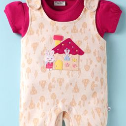 Wonderchild Rabbit Patch Embroidered Romper With Half Puffed Sleeves Solid Top - Wine & Skin-image-48