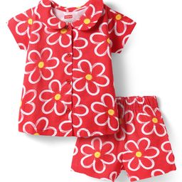Babyhug Cotton Knit Half Sleeves Peter Pan Collared Co-ords Shorts Night Suit with Floral Print -Red-image-72