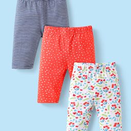 Babyhug Cotton Lycra Knit Three Fourth Length Leggings With Floral & Polka Dot Print Pack of 3 - White Red & Navy Blue-image-92