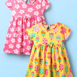 Babyhug Single Jersey Knit Half Sleeves Floral & Ice Cream Printed Frocks With Bow Applique Pack of 2 - Yellow & Pink-image-49