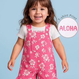 Doodle Poodle 100% Cotton Knit Dungaree & Half Sleeves T-Shirt With Floral Print - Dark Pink & White-image-60