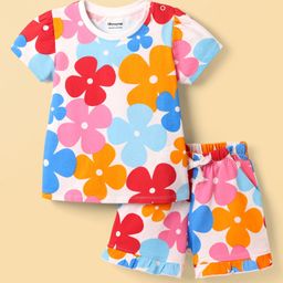 Honeyhap Premium 100% Cotton Knit Half Sleeves Co-ords Shorts Night Suit with Bio Finish & Floral Print - Bright White-image-32